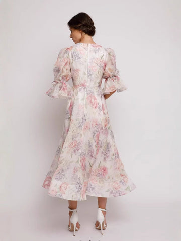 Style Dress 2025 Summer V-Neck Bubble Sleeves Mid-Sleeve Fresh Sweet Three-Dimensional Flower Print Dress
